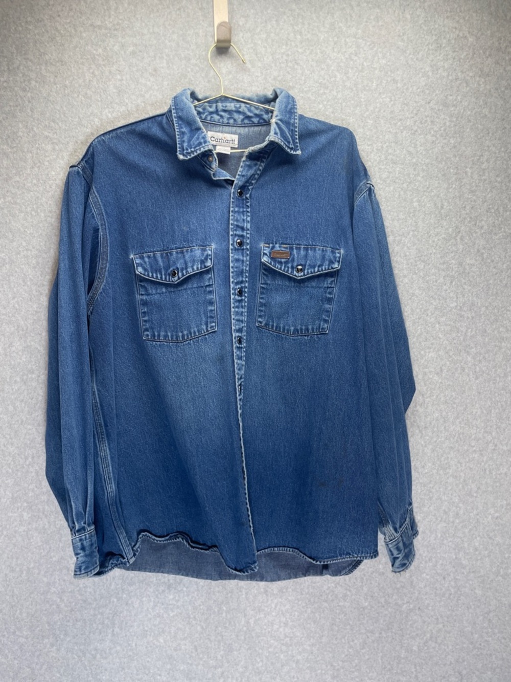 Carhartt Vintage Thrashed Stained Pearl Snap Denim Shacket Button Down Shirt
